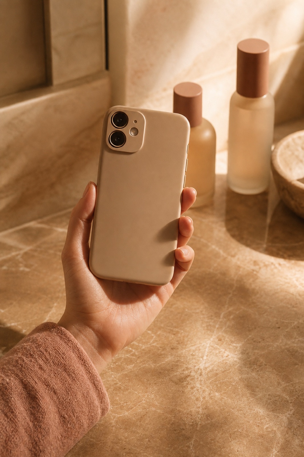 A hand holding a phone showing the Reva app, over a warm bathroom counter.