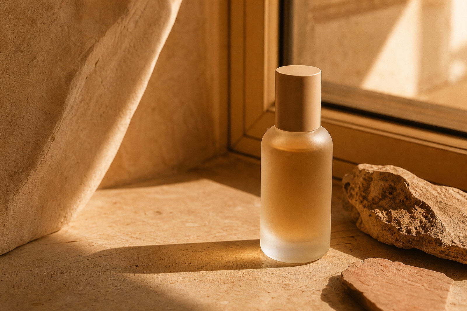 A frosted bottle on a warm stone windowsill in hard Australian light.