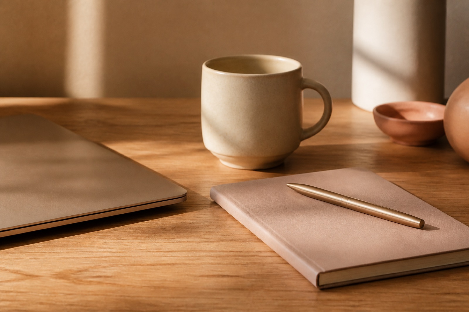 A warm oak desk with a closed laptop, a ceramic mug, a brass pen and an open notebook.