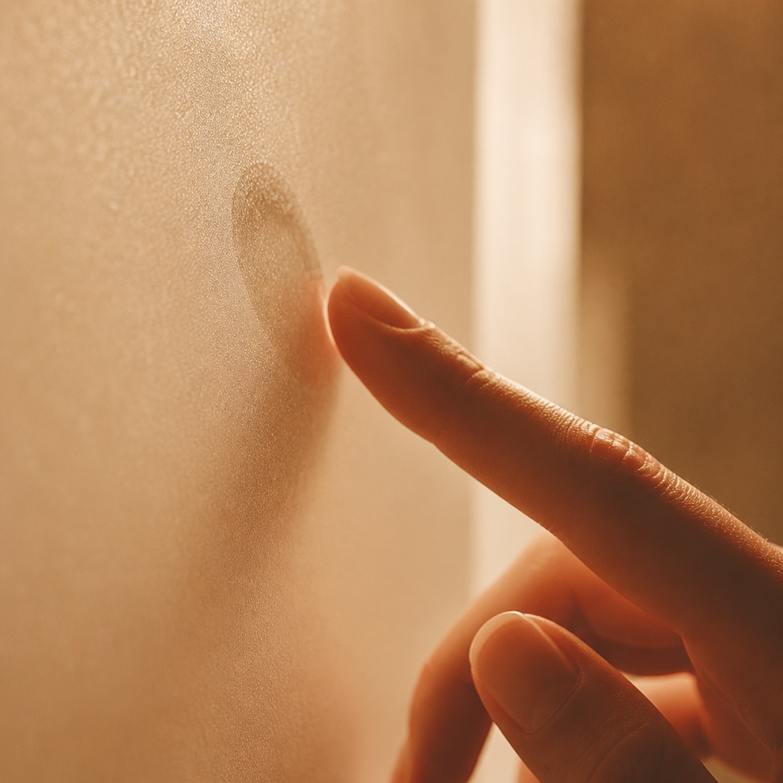 A fingertip resting on frosted glass, close up.