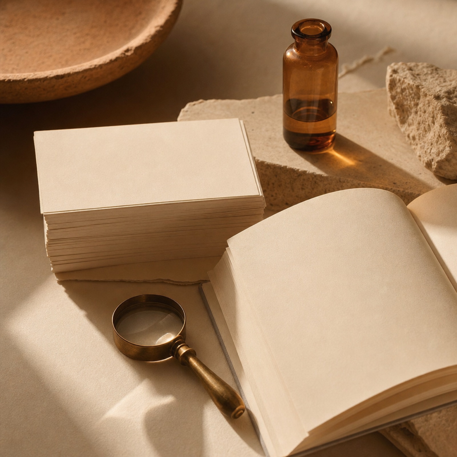 A still-life of index cards, an open notebook, a magnifying loupe and an amber vial - the evidence behind a score.
